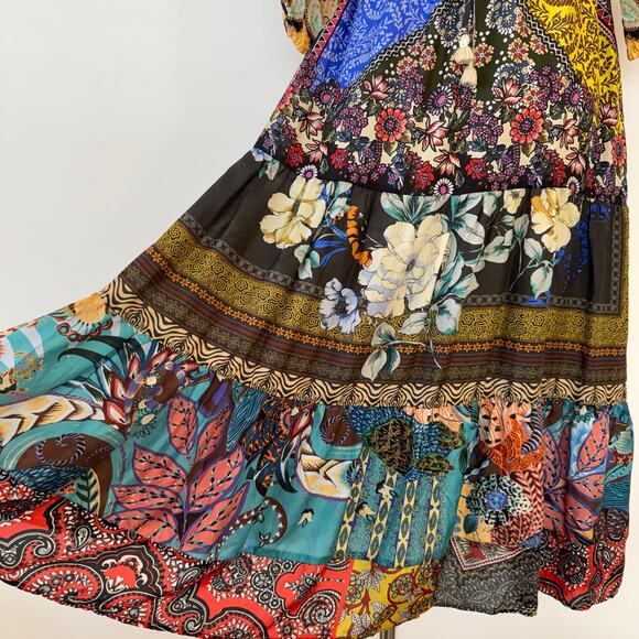 Johnny Was Silk Tibby Jaime 3/4 Sleeve Tiered Maxi Dress Multicolor Patchwork XS - Picture 13 of 15